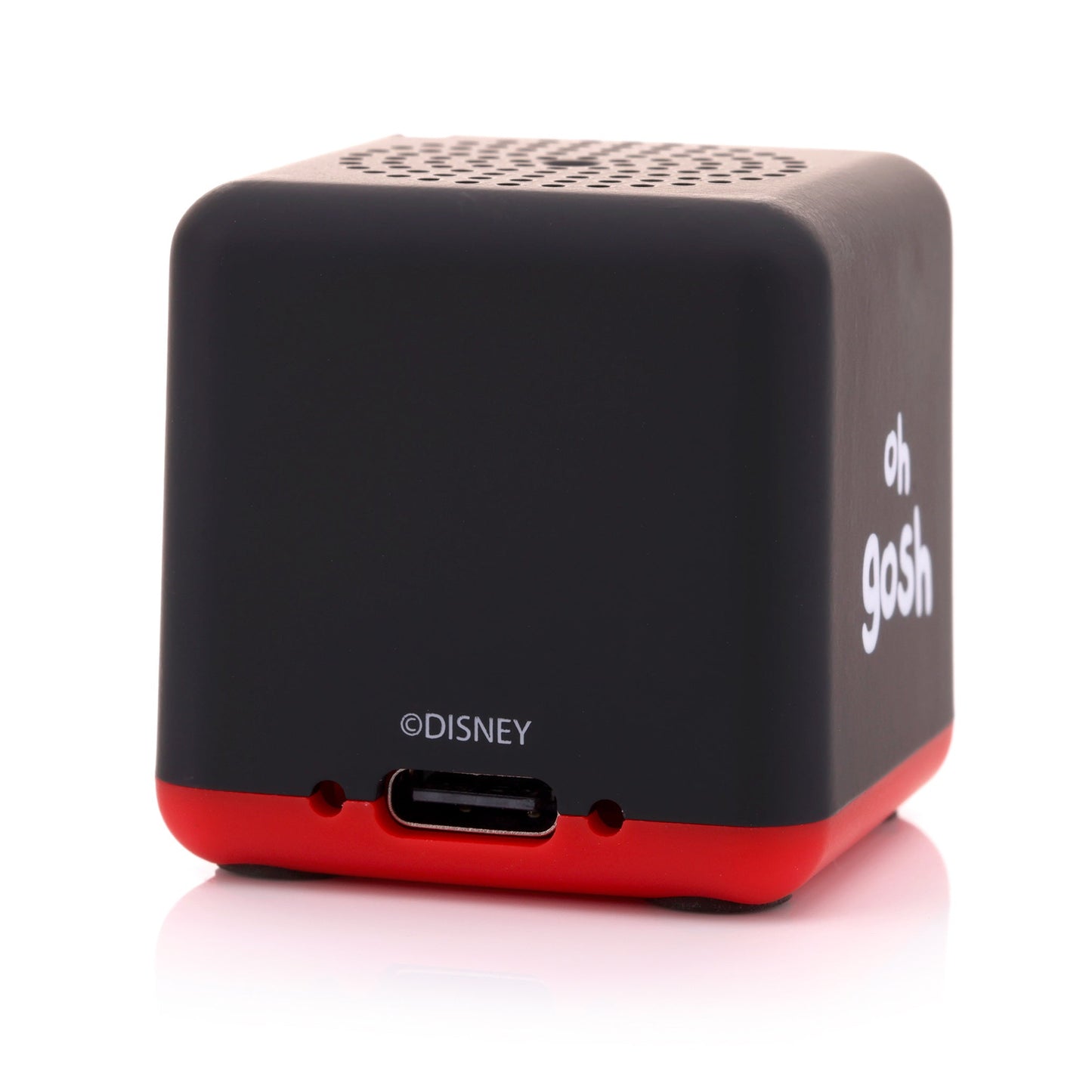 Back view of the Mickey Mouse Bitty Box speaker showing the smooth black surface, red base, and lower charging port.