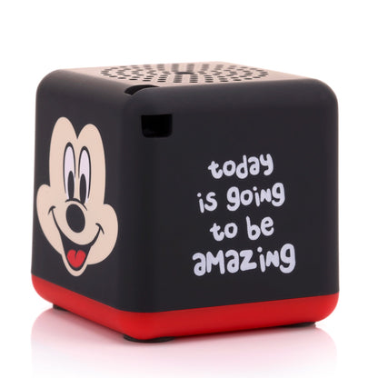 Angled back-right view of the black Mickey Mouse Bluetooth speaker showing the phrase 'today is going to be amazing' written in white font.