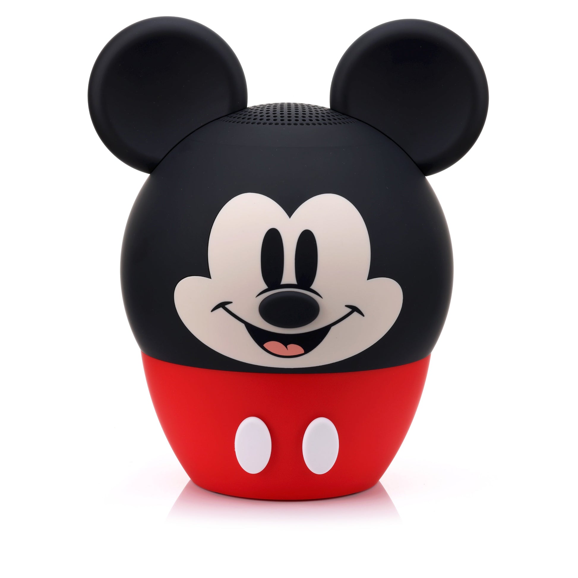 Front view of the Bitty Boomers Disney Mickey Mouse 8-inch Bluetooth speaker featuring his smiling face, black ears, and a red base with two white buttons.