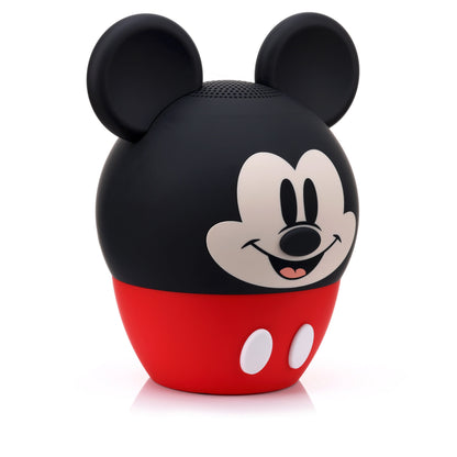 Angled left view of the Mickey Mouse 8-inch speaker highlighting his iconic ears and red shorts base.