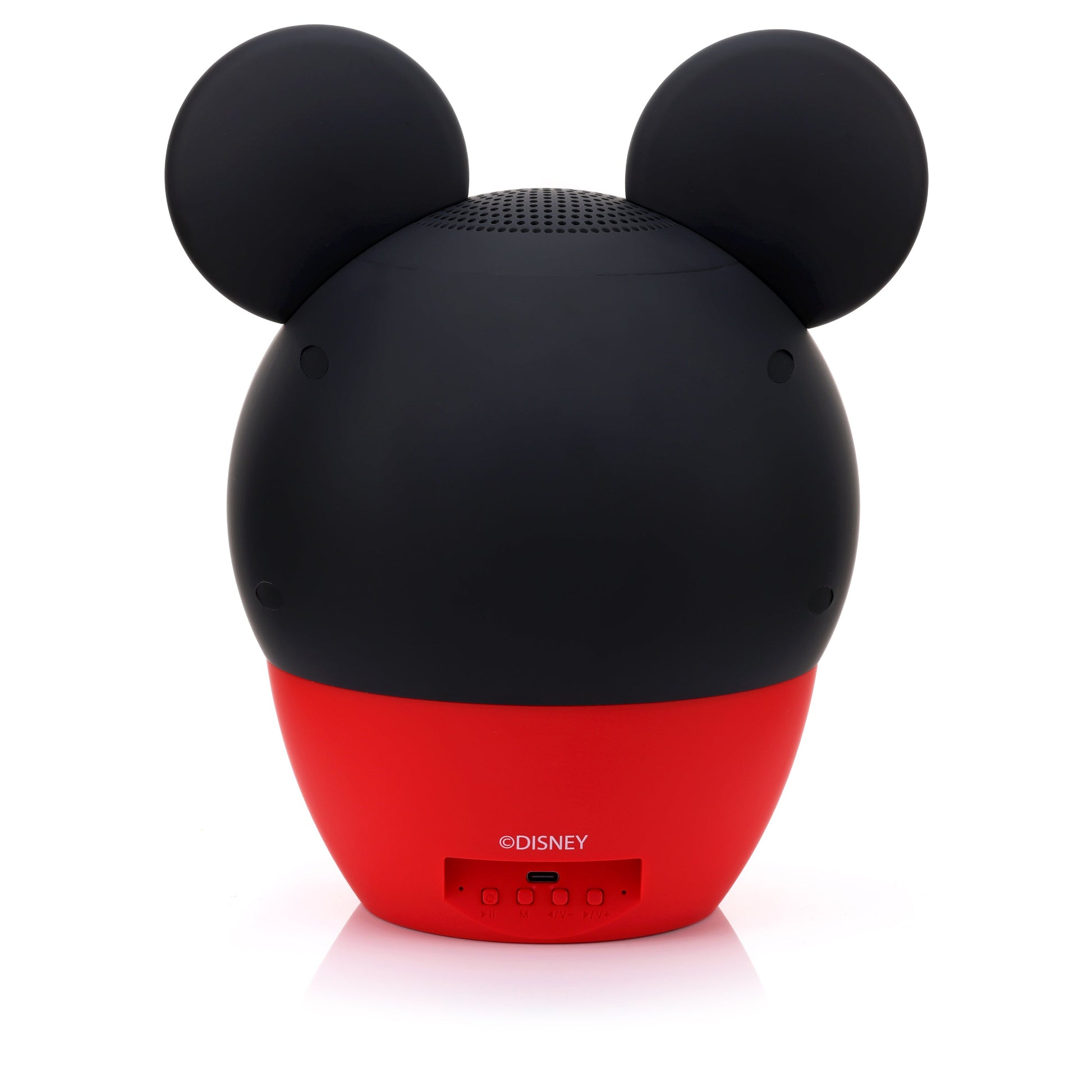 Back view of the Mickey Mouse speaker showing the solid black back, red base, and lower charging port.