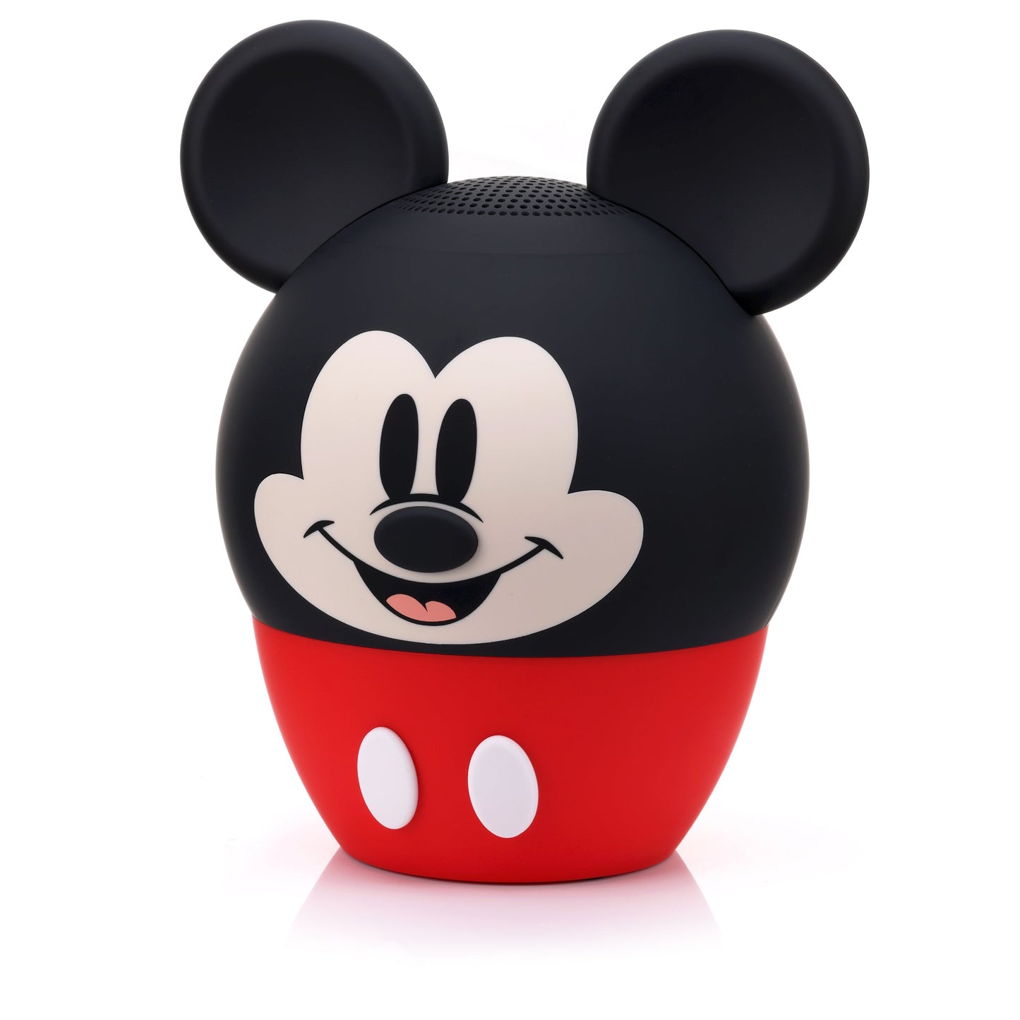 Angled right view of the Mickey Mouse Bluetooth speaker showing his smiling face.