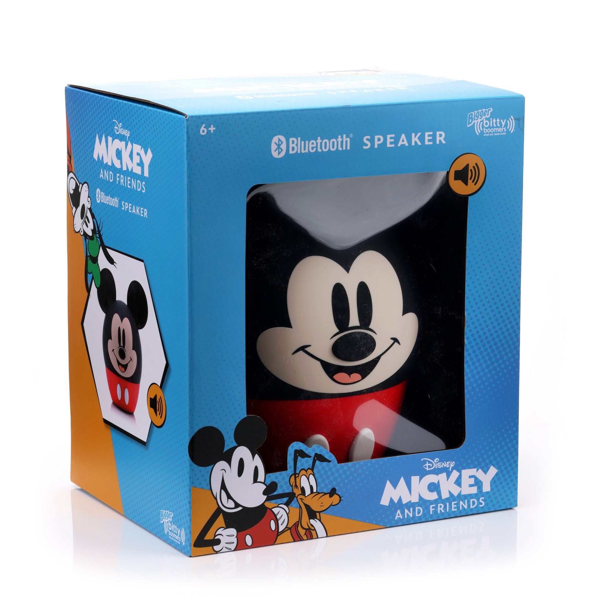 Front view of the 8-inch Mickey Mouse Bluetooth speaker inside its official blue Disney Mickey and Friends display packaging.