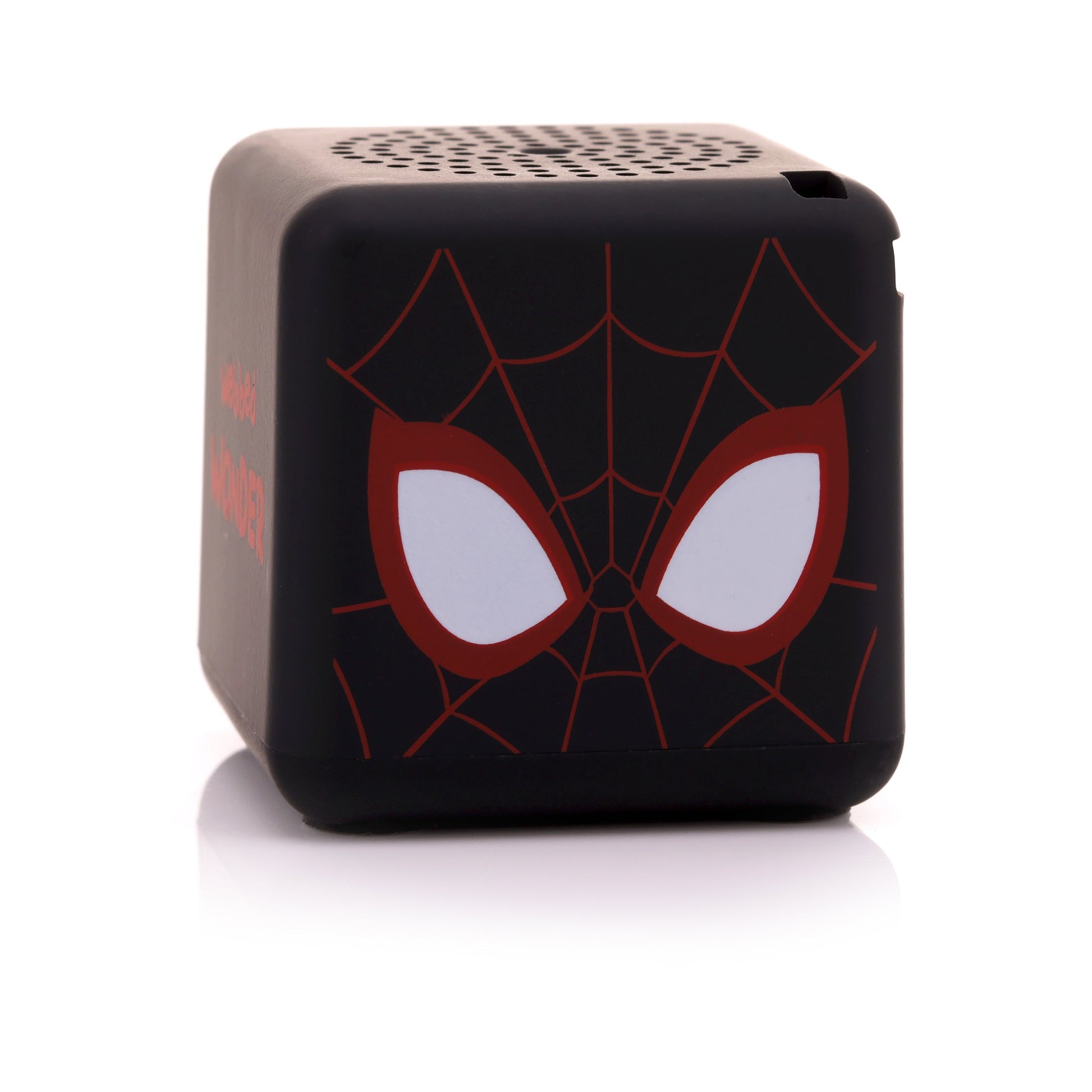 Front view of the black cube-shaped Bitty Boomers Marvel Spider-Man Miles Morales Bitty Box mini Bluetooth speaker featuring his red webbing and white eyes.