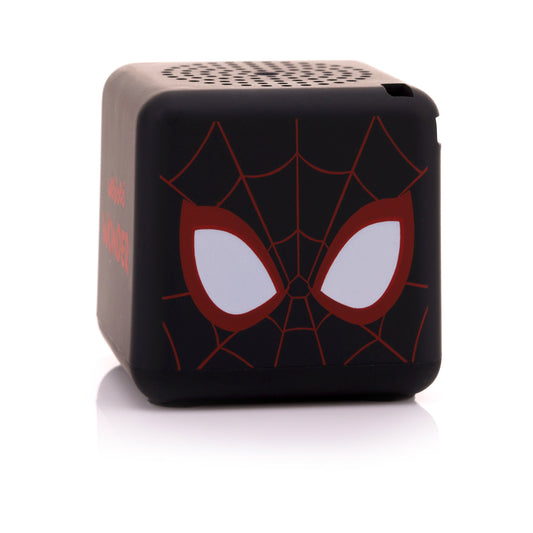 Front view of the black cube-shaped Bitty Boomers Marvel Spider-Man Miles Morales Bitty Box mini Bluetooth speaker featuring his red webbing and white eyes.