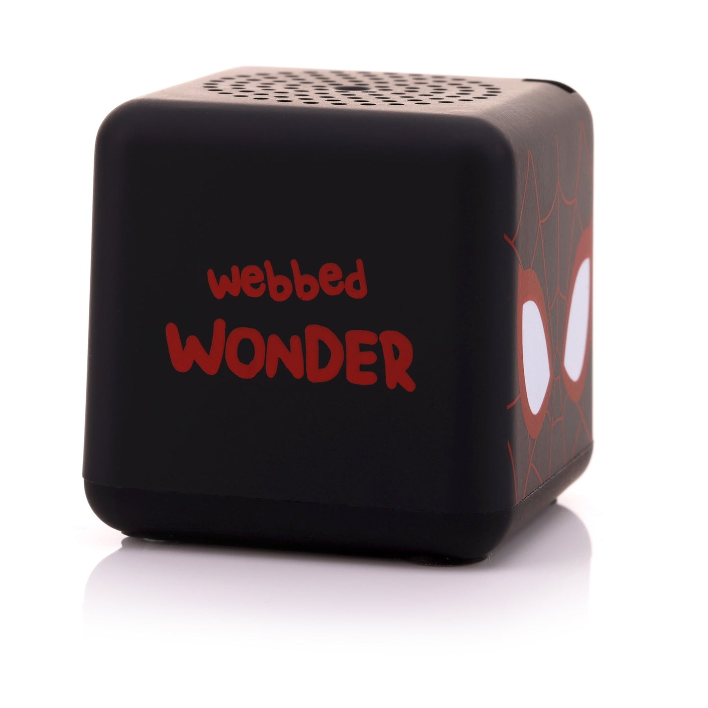 Angled left view of the square Miles Morales mini speaker showing the phrase 'Webbed WONDER' written in red font.