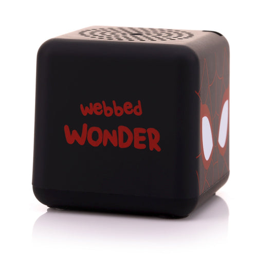 Angled left view of the square Miles Morales mini speaker showing the phrase 'Webbed WONDER' written in red font.