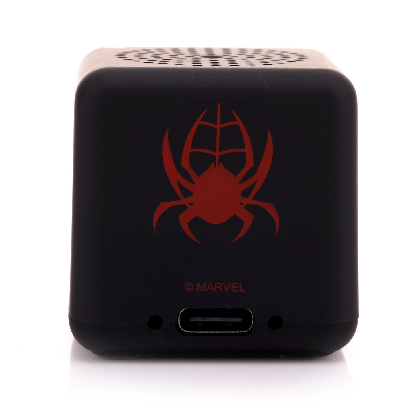 Back view of the Miles Morales Bitty Box speaker showing a red spider emblem and the lower charging port.