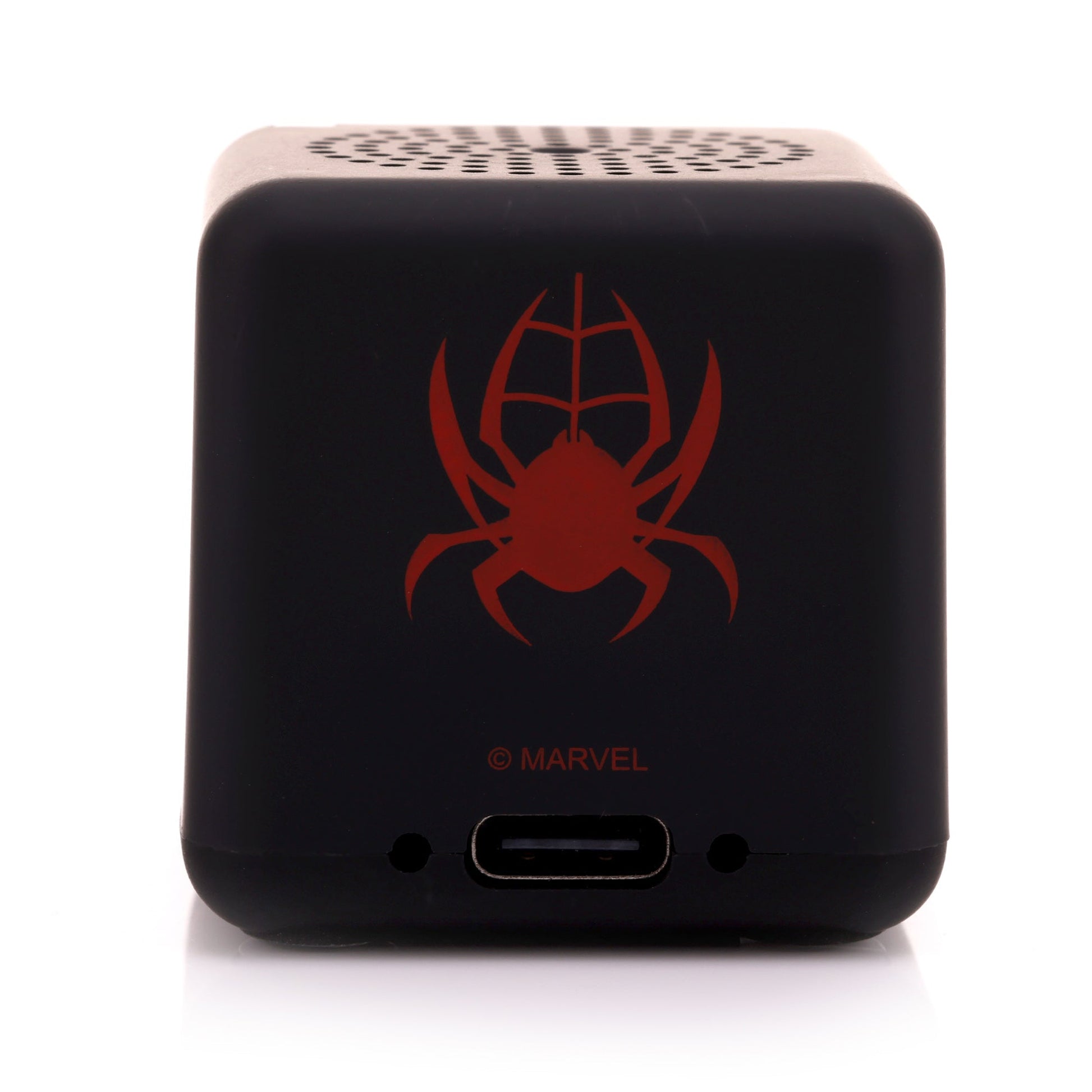 Back view of the Miles Morales Bitty Box speaker showing a red spider emblem and the lower charging port.