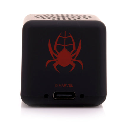 Back view of the Miles Morales Bitty Box speaker showing a red spider emblem and the lower charging port.