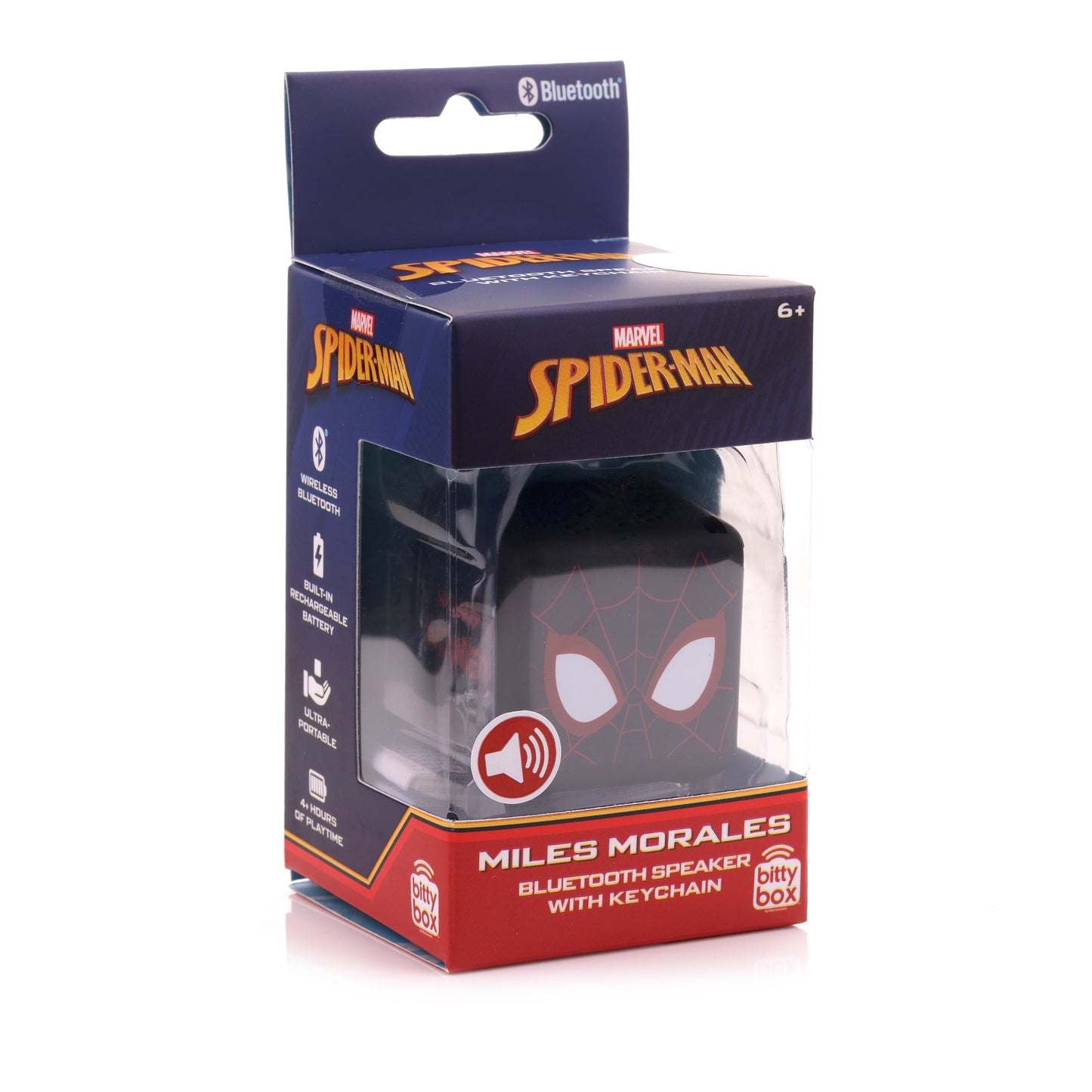 Front view of the Miles Morales Bitty Box mini Bluetooth speaker inside its official Marvel Spider-Man blue and red display packaging.