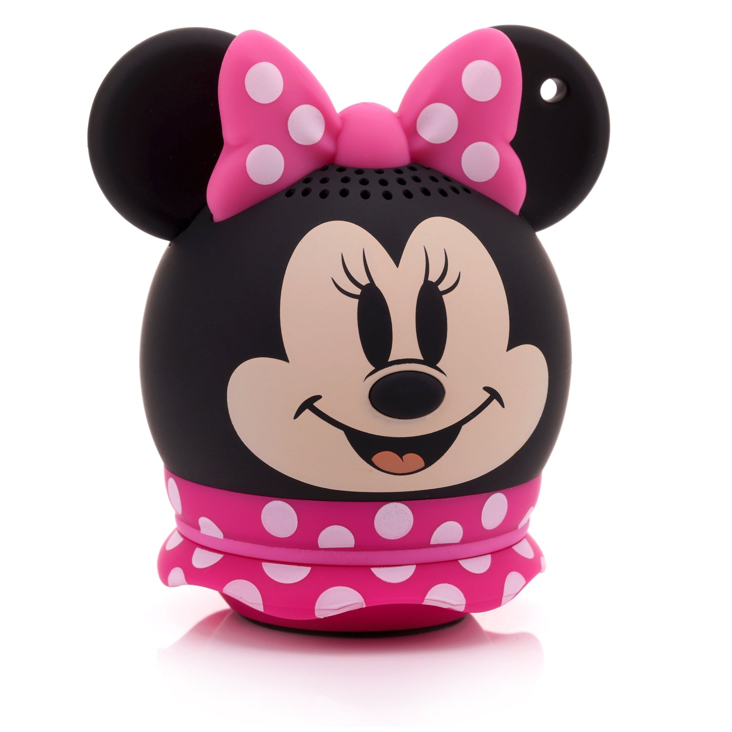 Angled left view of the Minnie Mouse mini speaker highlighting her iconic ears and pink polka dot bow.