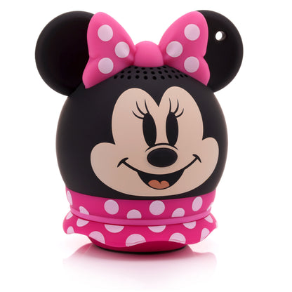 Angled left view of the Minnie Mouse mini speaker highlighting her iconic ears and pink polka dot bow.