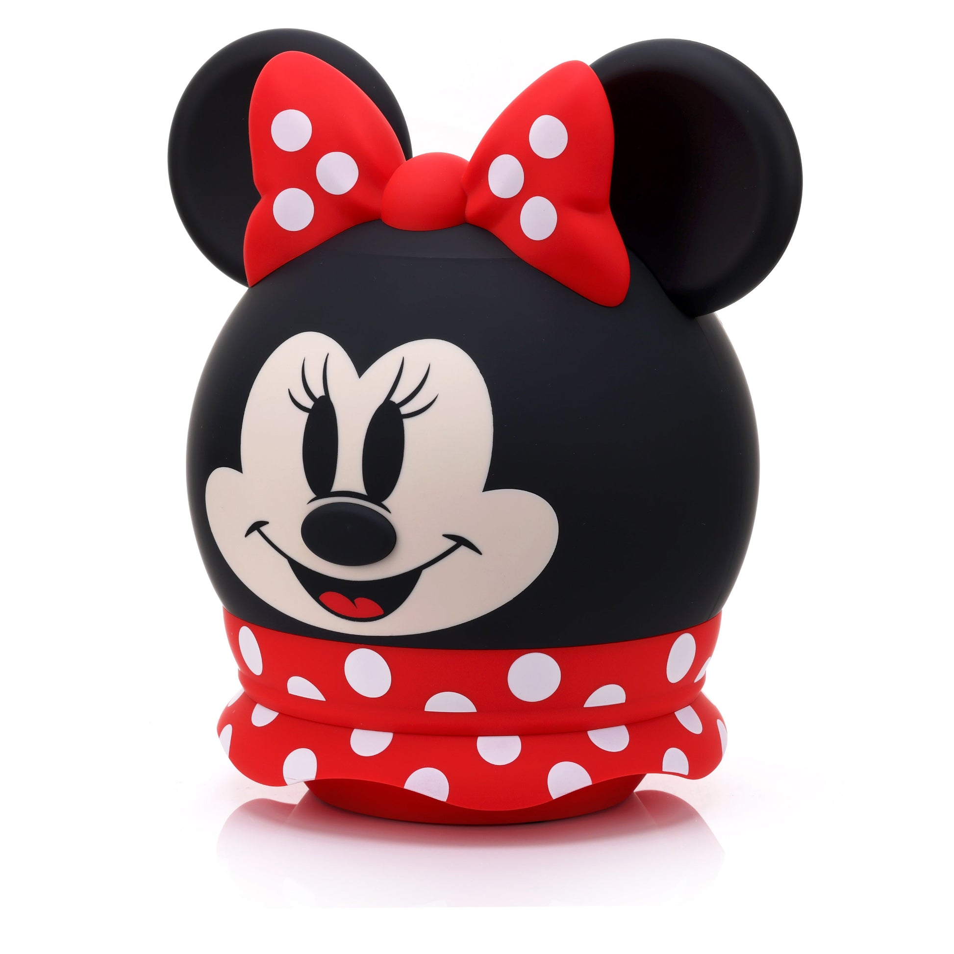 Angled right view of the Minnie Mouse Bluetooth speaker showing her smiling face.