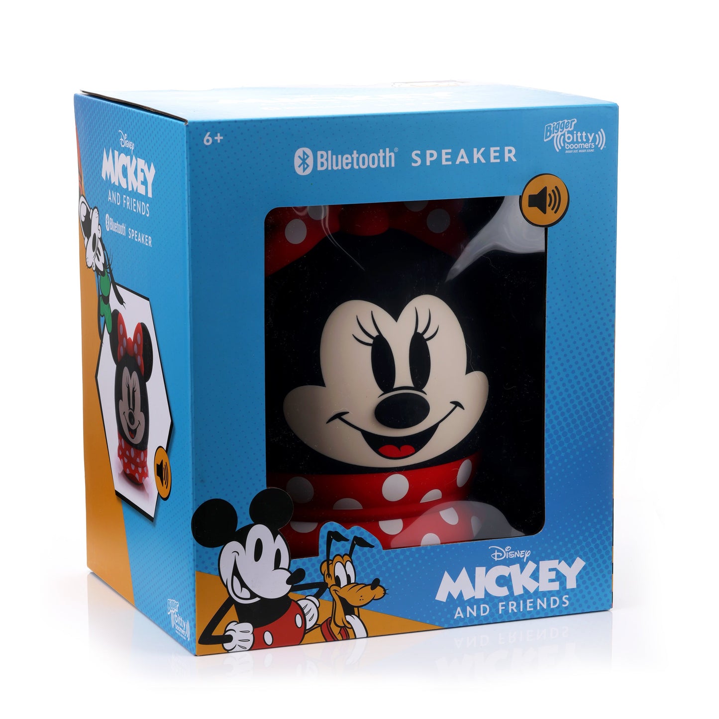 Front view of the 8-inch Minnie Mouse Bluetooth speaker inside its official blue Disney Mickey and Friends display packaging.