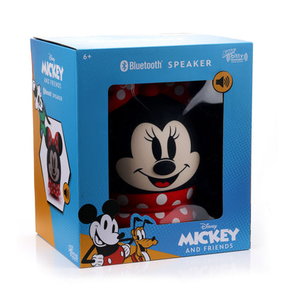 Front view of the 8-inch Minnie Mouse Bluetooth speaker inside its official blue Disney Mickey and Friends display packaging.