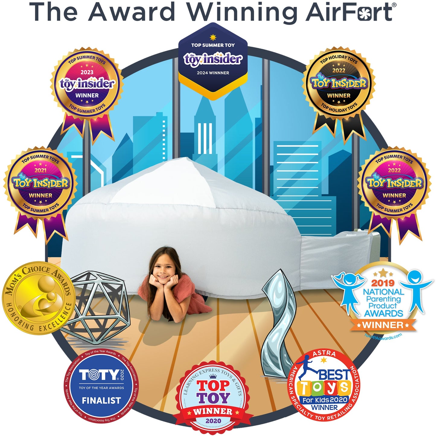 Graphic displaying the award-winning Mod About Gray AirFort surrounded by multiple toy industry gold seal awards.