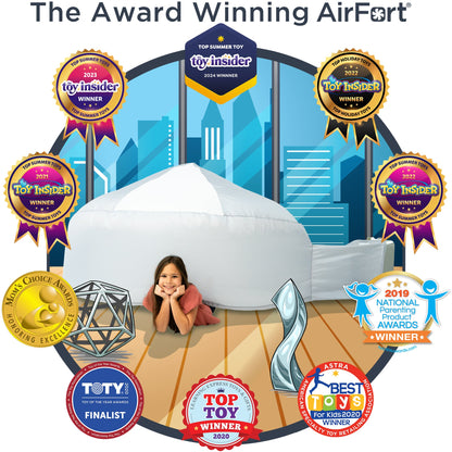 Graphic displaying the award-winning Mod About Gray AirFort surrounded by multiple toy industry gold seal awards.