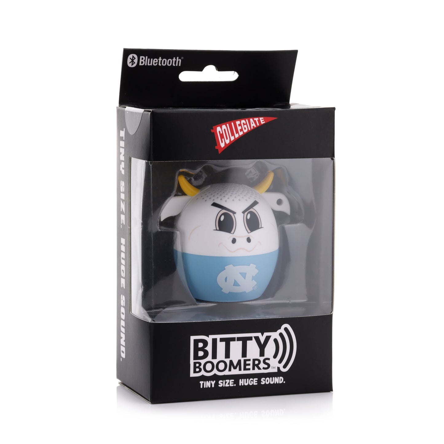 Front view of the UNC Tar Heels mini Bluetooth speaker inside its official black Collegiate Bitty Boomers display packaging.
