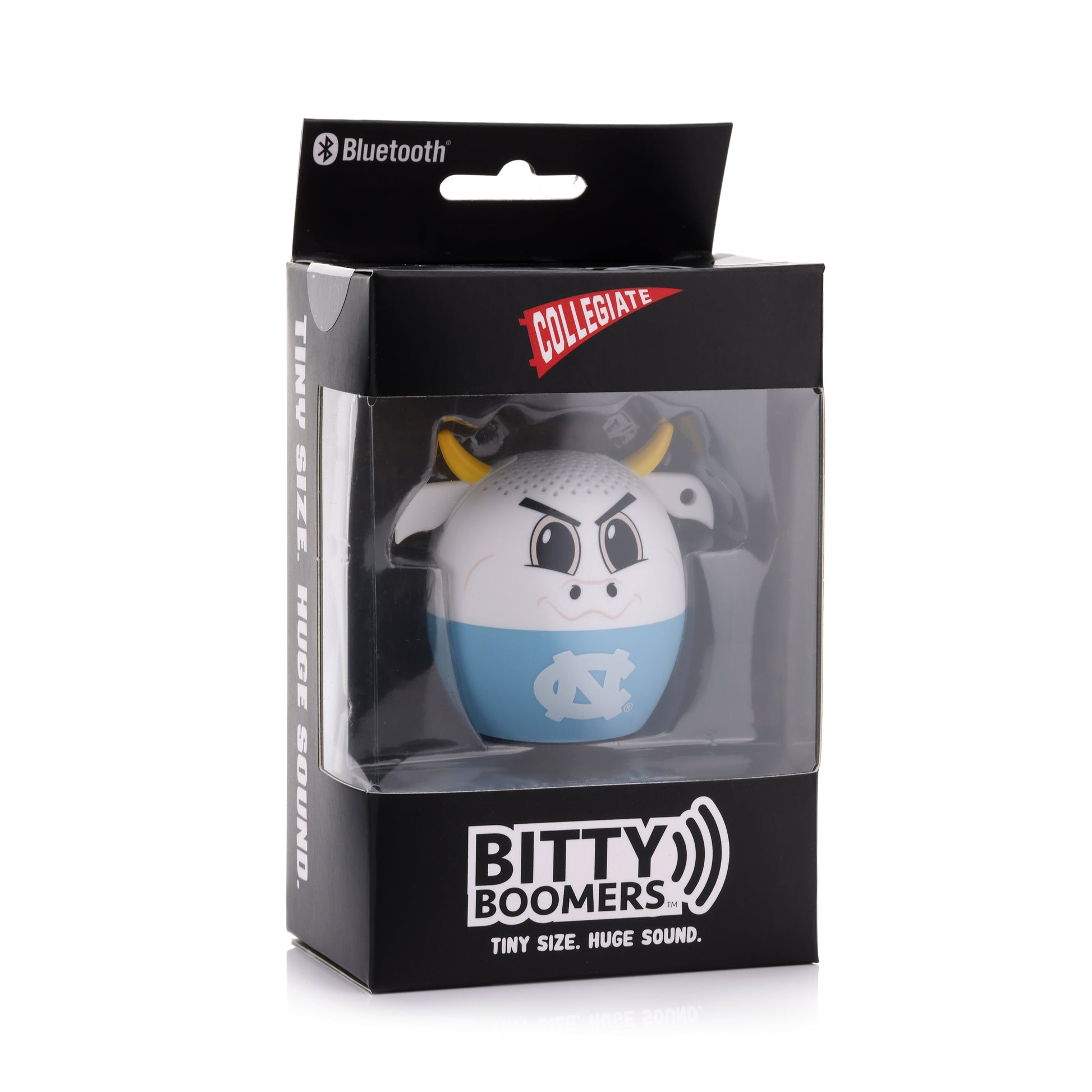 Front view of the UNC Tar Heels mini Bluetooth speaker inside its official black Collegiate Bitty Boomers display packaging.