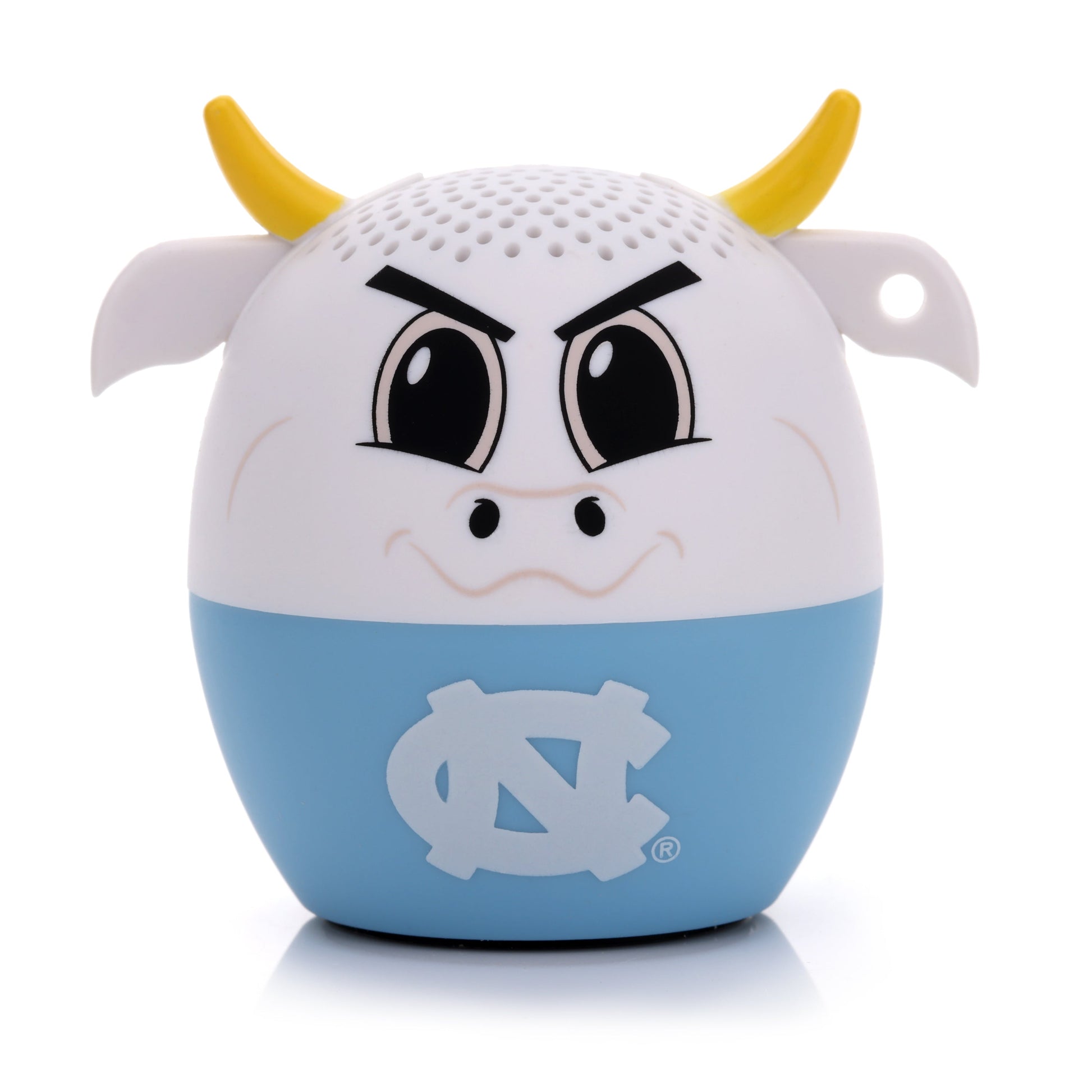Front view of the Bitty Boomers NCAA North Carolina Tar Heels mini Bluetooth speaker featuring Rameses the Ram with yellow horns and a Carolina Blue base with the official NC logo.