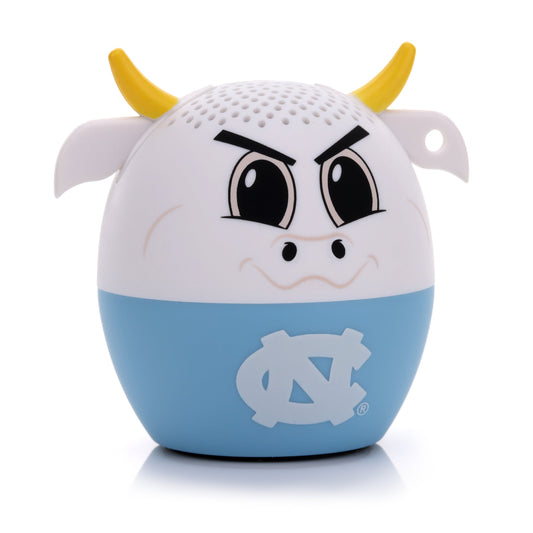 Slightly angled view of the North Carolina Tar Heels mini Bluetooth speaker highlighting the angry-cute ram face and top speaker grill.