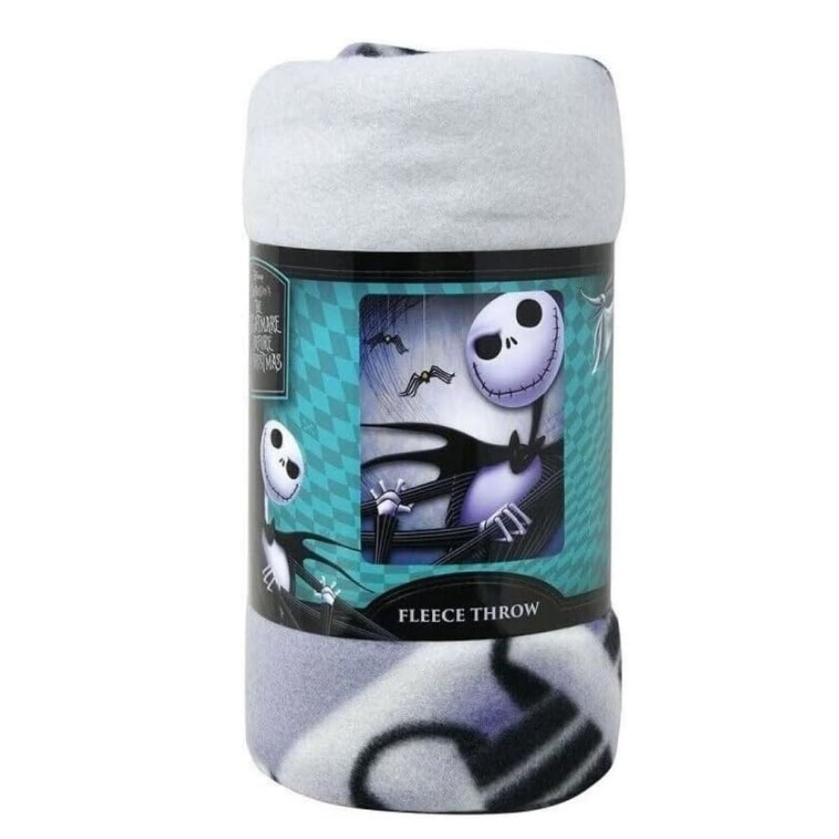 Close-up view of the rolled-up The Nightmare Before Christmas fleece throw blanket showing its soft grey texture and the printed packaging band.