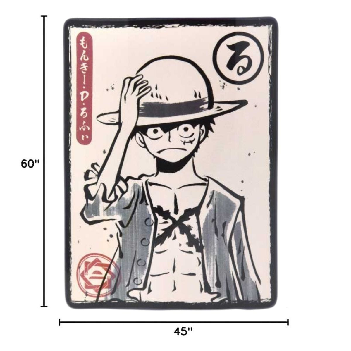 Sizing graphic for the One Piece Luffy blanket showing the full manga-style character design, indicating a total size of 45 inches wide by 60 inches long.
