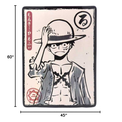 Sizing graphic for the One Piece Luffy blanket showing the full manga-style character design, indicating a total size of 45 inches wide by 60 inches long.