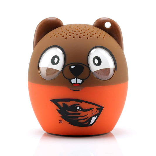 Front view of the Bitty Boomers NCAA Oregon State Beavers mini Bluetooth speaker featuring a cute brown beaver face and an orange base with the official Oregon State logo.