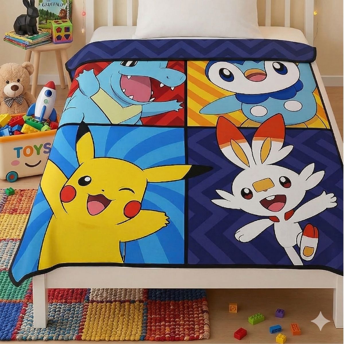 Lifestyle view of the Pokemon Pikachu and friends silky fleece throw blanket displayed on a child's bed in a colorful playroom setting surrounded by toys, building blocks, and a colorful rug.