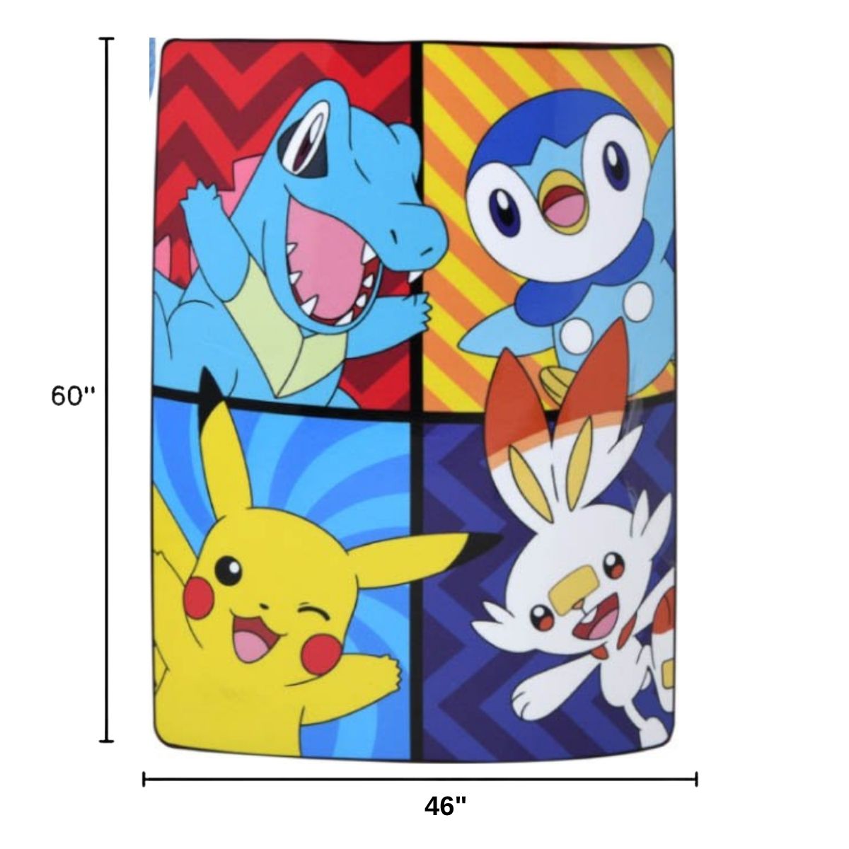 Sizing graphic for the Pokemon multi-character throw blanket showing the full vibrant grid design, indicating a total size of 46 inches wide by 60 inches long.