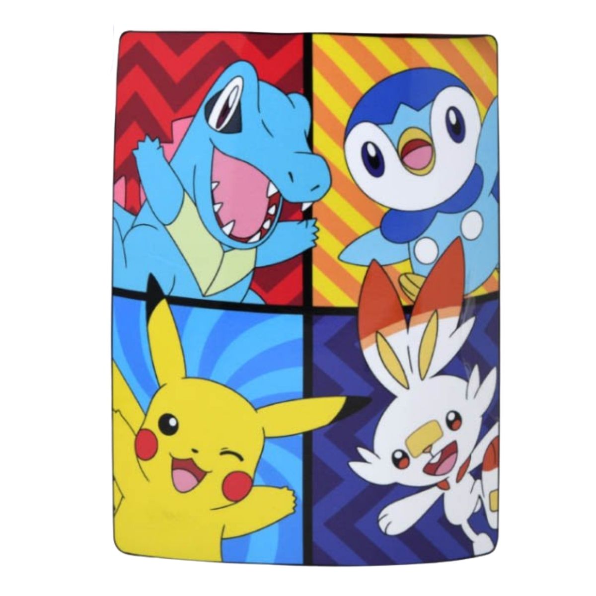 Front view of the fully unrolled Pokemon silky fleece throw blanket featuring a four-panel color grid of Pikachu, Totodile, Piplup, and Scorbunny.
