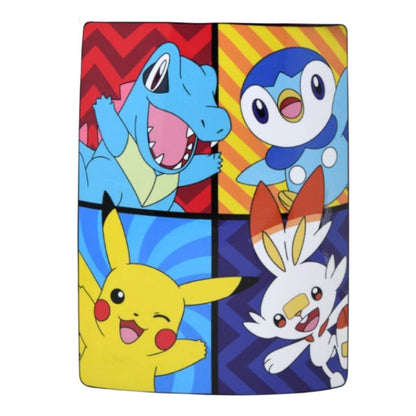 Front view of the fully unrolled Pokemon silky fleece throw blanket featuring a four-panel color grid of Pikachu, Totodile, Piplup, and Scorbunny.