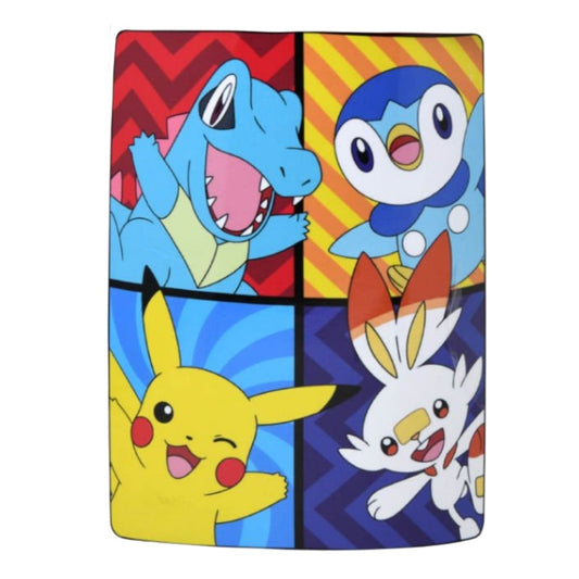 Front view of the fully unrolled Pokemon silky fleece throw blanket featuring a four-panel color grid of Pikachu, Totodile, Piplup, and Scorbunny.
