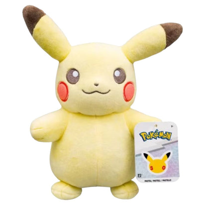 Pastel Pikachu 8-inch plush showing attached official Pokemon 30th Anniversary product tag.
