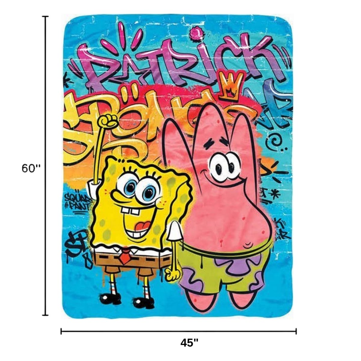 Dimension graphic showing the SpongeBob and Patrick street art throw blanket measuring 45 inches wide by 60 inches tall.