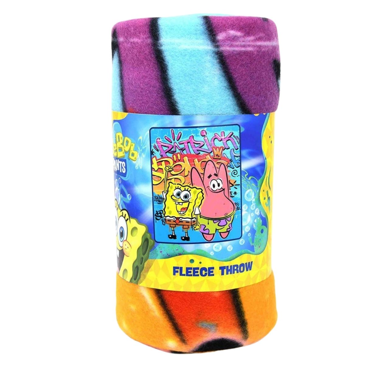 The SpongeBob fleece throw blanket tightly rolled and packaged with a colorful branded paper wrap.