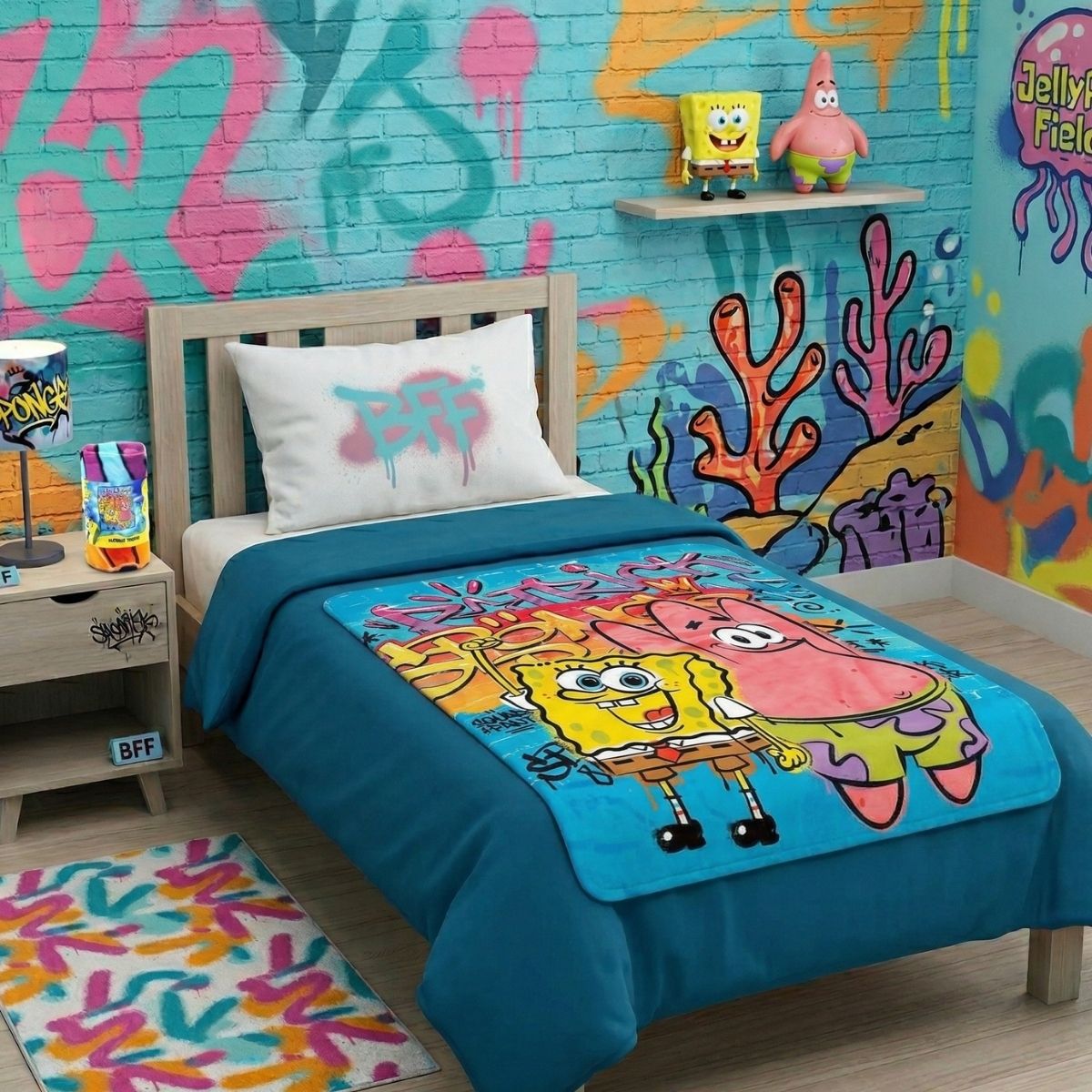 Lifestyle bedroom shot showing the SpongeBob street art blanket draped over a blue comforter on a bed.