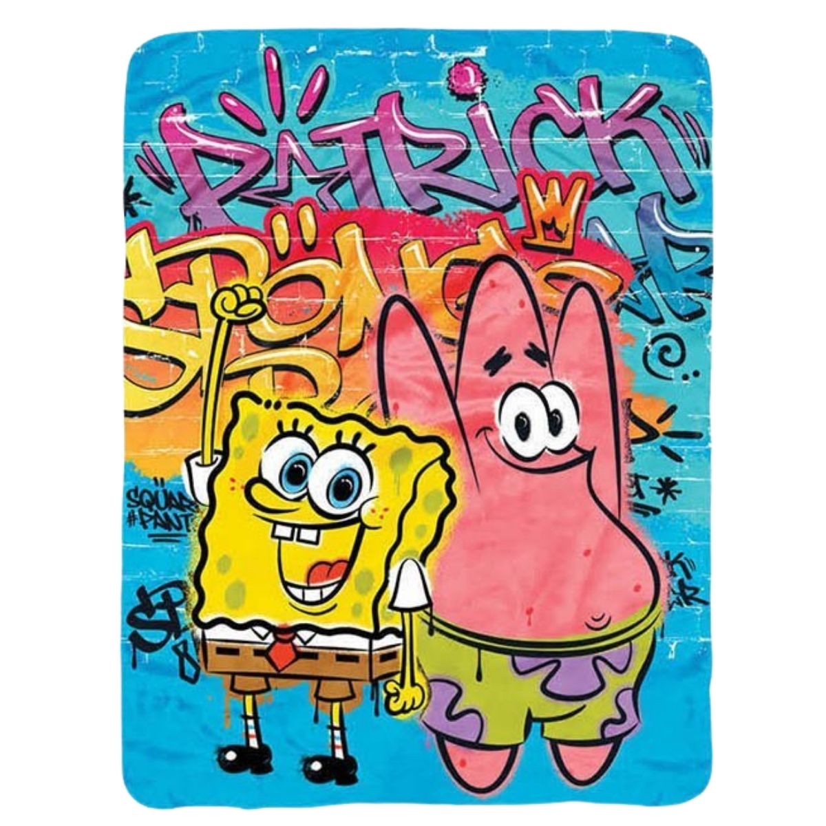 Full flat view of the SpongeBob SquarePants and Patrick fleece blanket featuring a colorful graffiti street art background.