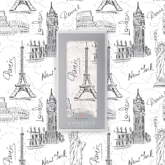 London, Paris, New York 100% Natural Cotton Muslin Swaddle Blanket