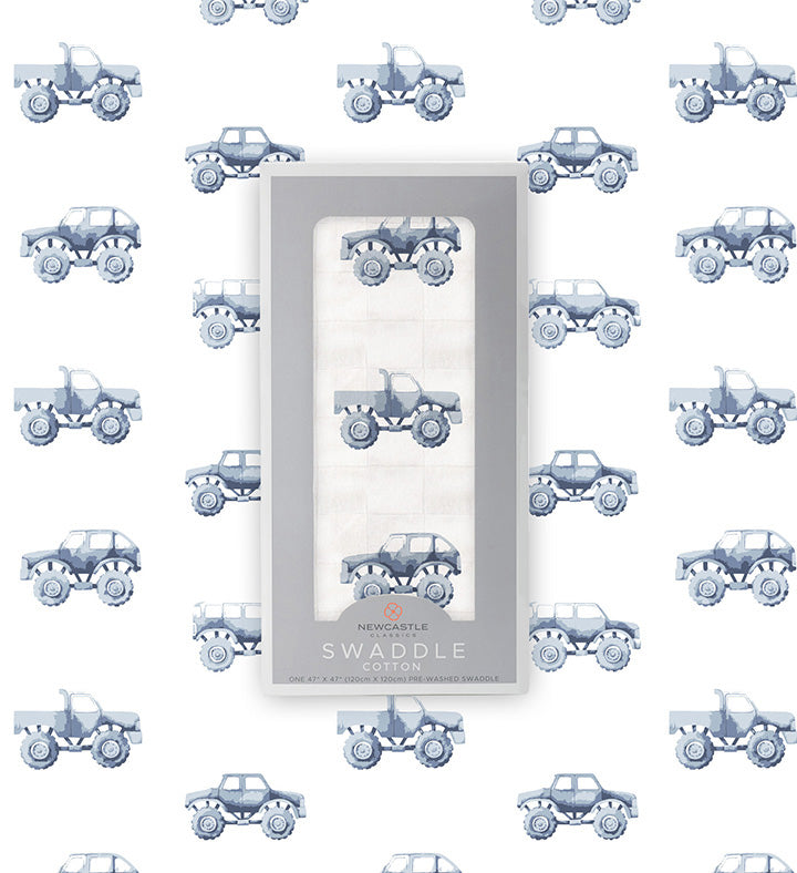 Indigo Monster Trucks 100% Natural Cotton Muslin Swaddle Blanket