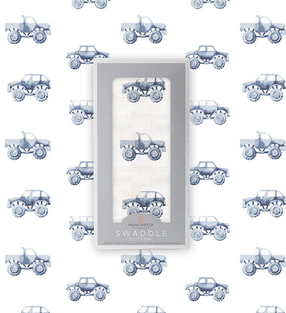Newcastle Classics Indigo Monster Trucks 100% Natural Cotton Muslin Swaddle Blanket