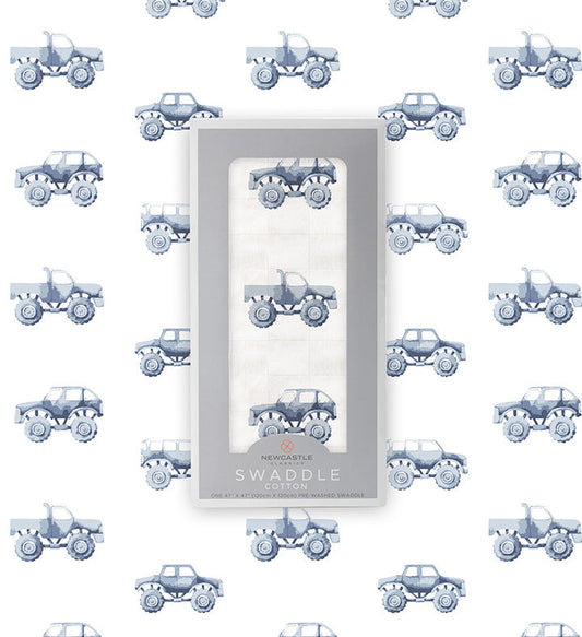 Indigo Monster Trucks 100% Natural Cotton Muslin Swaddle Blanket