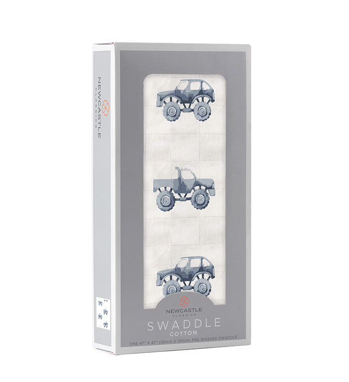 Indigo Monster Trucks 100% Natural Cotton Muslin Swaddle Blanket