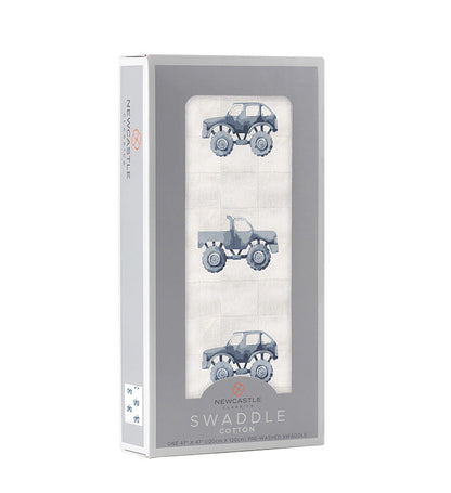 Newcastle Classics Indigo Monster Trucks 100% Natural Cotton Muslin Swaddle Blanket