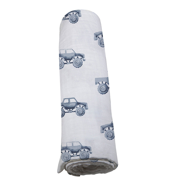 Indigo Monster Trucks 100% Natural Cotton Muslin Swaddle Blanket
