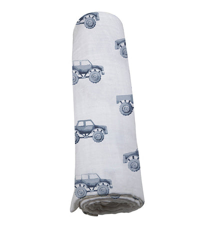 Newcastle Classics Indigo Monster Trucks 100% Natural Cotton Muslin Swaddle Blanket