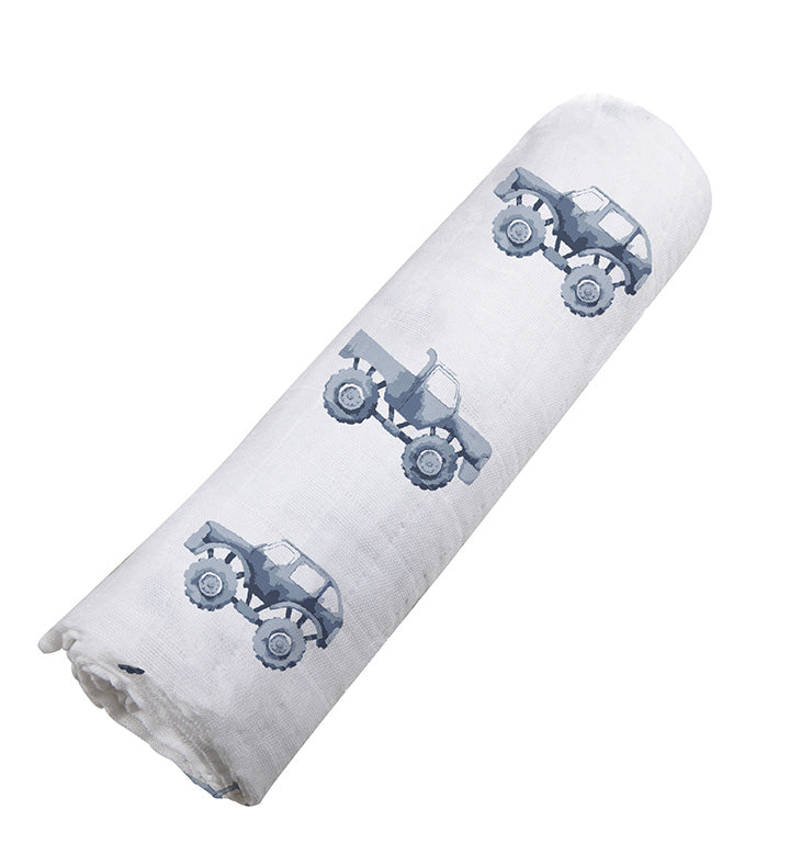 Indigo Monster Trucks 100% Natural Cotton Muslin Swaddle Blanket