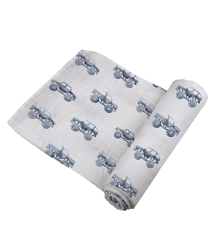 Indigo Monster Trucks 100% Natural Cotton Muslin Swaddle Blanket